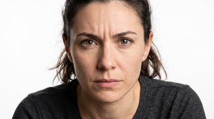 Naklejka premium Woman with furrowed brow showing intense concentration and deep thought