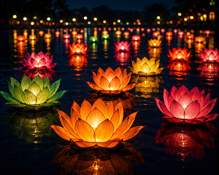 Floating Lotus Diyas on Water with Colorful Reflections and Warm Festive Candlelight