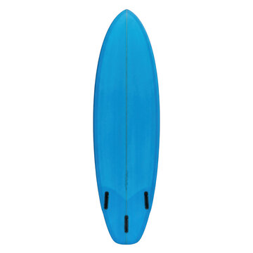 Blue surfboard with three fin boxes isolated on transparent background