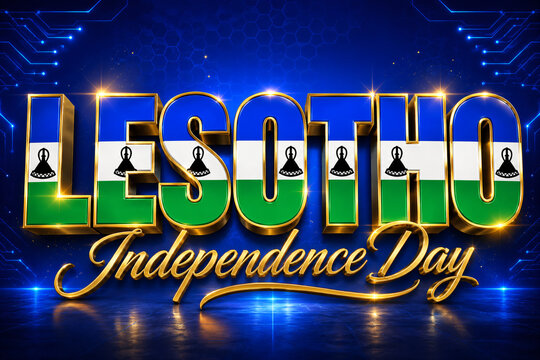 Lesotho Independence Day 3D typography with national flag colors and futuristic digital background