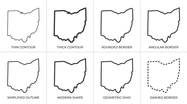 Ohio state map outline icon set with different border styles and line weights for graphic design