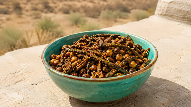 Rajasthani ker sangri, desert berries and beans coated in aromatic spices, served in a turquoise glazed pottery bowl