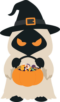 A spooky Halloween ghost wearing a witch hat holds an orange pumpkin basket filled with colorful candy.