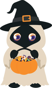 A cute Halloween ghost wearing a black witch hat holds an orange pumpkin basket filled with colorful candy.