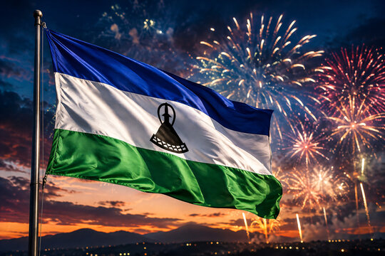 Lesotho National Flag Flying Against Fireworks at Sunset with Mountain Landscape