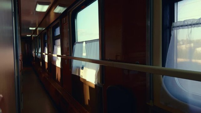 Empty corridor of a vintage train traveling