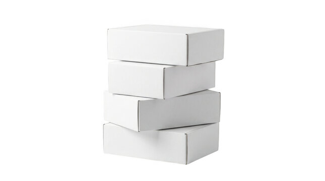 Stack of four white cardboard boxes isolated on transparent background