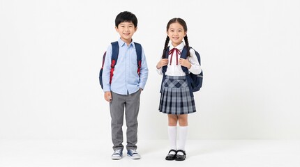 Fototapeta premium Commercial studio stock photo of happy young Asian schoolboy and schoolgirl in neat uniforms wearing backpacks isolated on a white background.