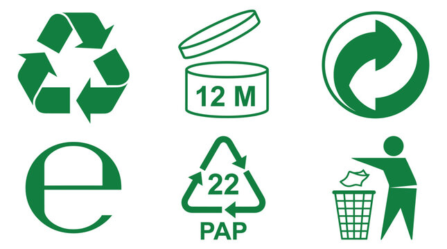 green recycling and packaging symbols for product labeling and waste management instruction