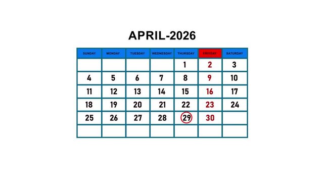April 2026 monthly calendar page animation with date progression and planning concept monthly planner