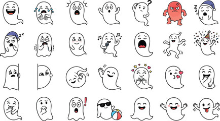 Obraz premium Cute Ghost Emoji Expression Set – Kawaii Halloween Ghost Character Collection with Funny Cartoon Emotion Sticker Illustration