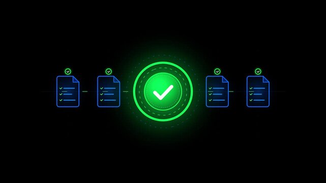 Neon green checkmark icon for data validation, glowing digital document verification process, smart contract approval animation