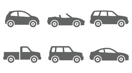 Naklejka premium Set of grey vehicle icons showing sedan convertible suv pickup truck and hatchback silhouettes