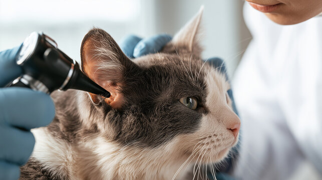 Cat ears checked with an otoscope at a veterinary clinic  