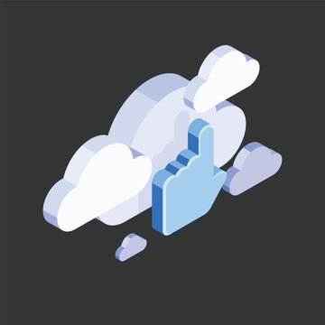 Isometric cloud icon with a pointing hand cursor illustrates cloud computing, data storage, and digital services.