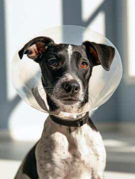 Dog wearing a protective cone collar indoors, calm and alert expression  