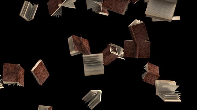 Vintage leather books falling from top to bottom in a raining motion