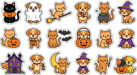 Obraz premium Set of cute kawaii style halloween stickers featuring adorable puppies and kittens in festive costumes and spooky decorations