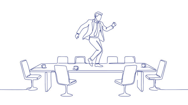 Continuous line art of happy businessman dancing on conference table in boardroom celebrating victory vector illustration