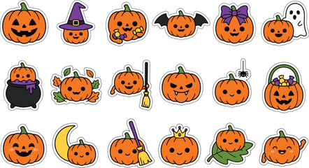 Fototapeta premium Set of cute hand drawn halloween pumpkin characters with various accessories and expressions on a white background