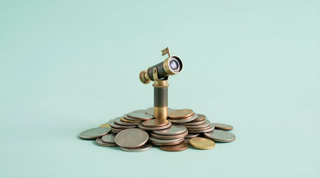 Financial foresight and business investment concept with small telescope standing on pile of coins