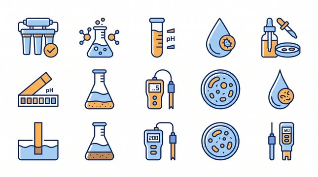 Water quality testing icons set, laboratory equipment for liquid analysis, 15 science research symbols in flat line style