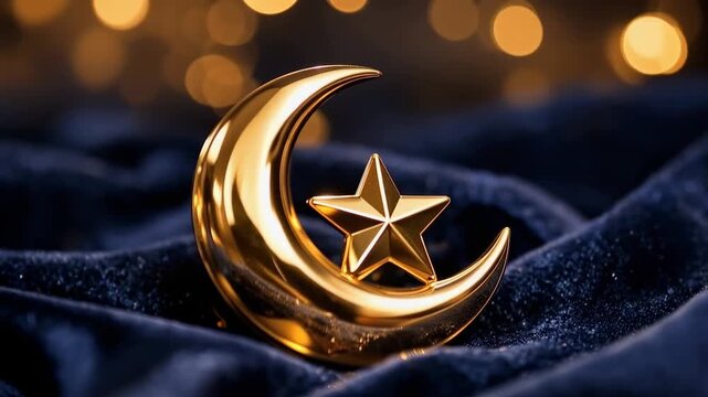Golden crescent moon and star ornament on dark blue velvet with warm bokeh lights elegant eid and ramadan celebration decoration