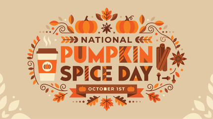 National pumpkin spice day flat typography design in festive autumn style with orange brown color palette vector graphic for holiday greeting cards © pikkasbun