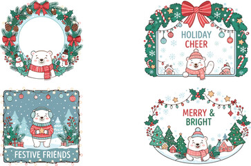 Christmas frame set featuring cute polar bear cartoon characters with festive wreaths, pine branches, snowmen, and holiday text greetings for greeting card design. © Mdraisul