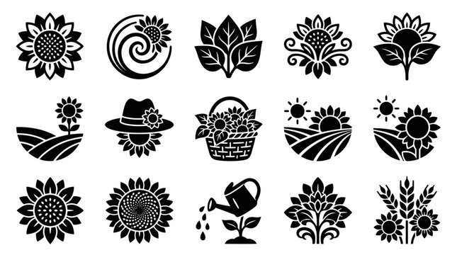 Collection of stylized sunflower and nature-inspired vector icons.