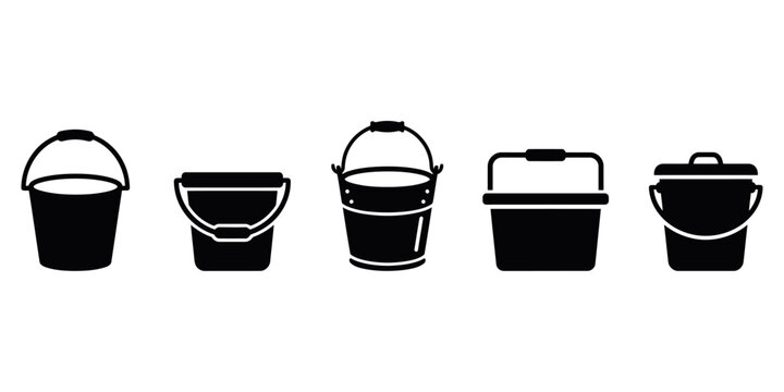 Five different types of black buckets with handles