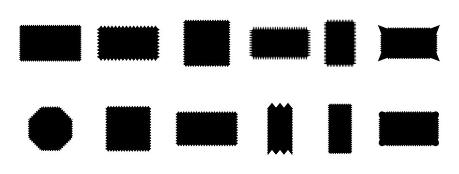 Set of various black geometric shapes with jagged edges isolated on transparent background