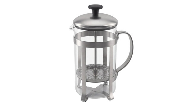 Modern stainless steel french press, glass coffee maker with metal frame, elegant manual plunger brewer for kitchen and cafe isolated PNG with Transparent Background