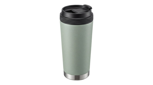 Sage green reusable coffee tumbler, insulated stainless steel travel mug with black lid, thermal drinkware for hot and cold beverages isolated PNG with Transparent Background