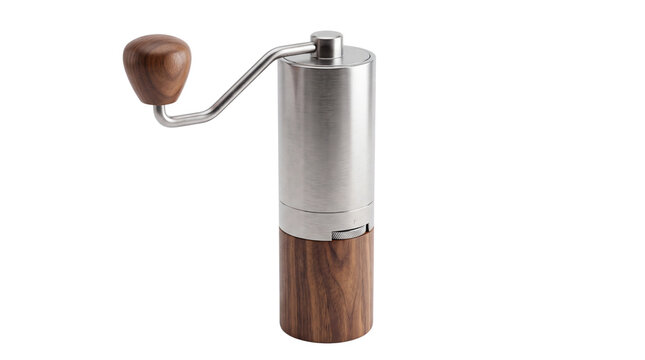 Professional manual coffee grinder with stainless steel body, portable hand crank burr mill, wooden handle espresso tool isolated PNG with Transparent Background