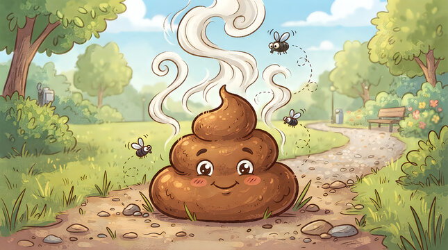 Cute cartoon poop character with flies in a sunny park illustration