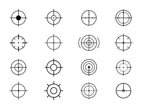 Set of crosshair and target scope icons, aim reticles, and sniper sight markers isolated on transparent background