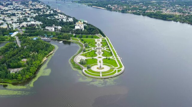 Yaroslavl, Russia. Strelka (Spit), Kotorosl flows into the Volga River, and where, according to legend, Prince Yaroslav the Wise founded the city of Yaroslavl. Drone footage