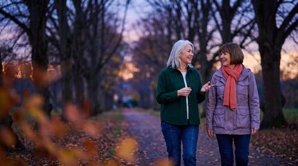 Naklejka premium Mature friends walking together on a twilight path
