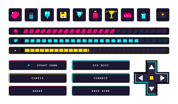 Pixel art game ui kit with progress bars, buttons, icons, and directional controls for retro video games isolated on transparent background