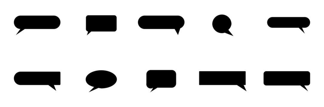 Collection of black speech bubbles and chat box shapes for communication and messaging ui design isolated on transparent background