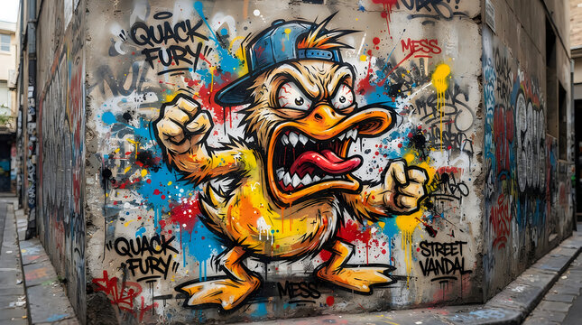 Angry duck graffiti character on a city street wall illustration