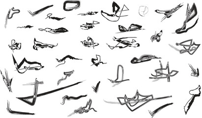 Obraz premium Collection of stylized sword sketches rendered in black ink on a white background: blade cutlass, sabre, scimitar, rapier