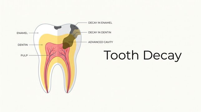 Detailed tooth decay anatomy diagram with labels for enamel dentin and pulp damage
