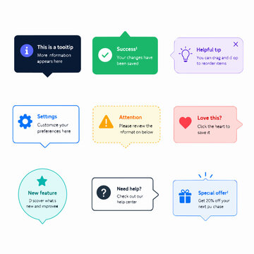 A collection of colorful flat UI tooltip and speech bubble notification design elements arranged in a grid.
