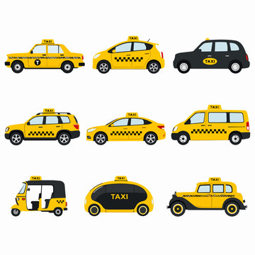 A collection of various vector illustrations showcasing different types of taxis and cab vehicles on a white background.