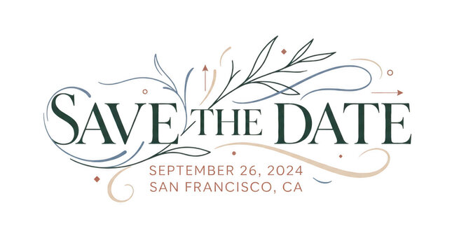 Elegant save the date typography with botanical accents and event details in muted tones