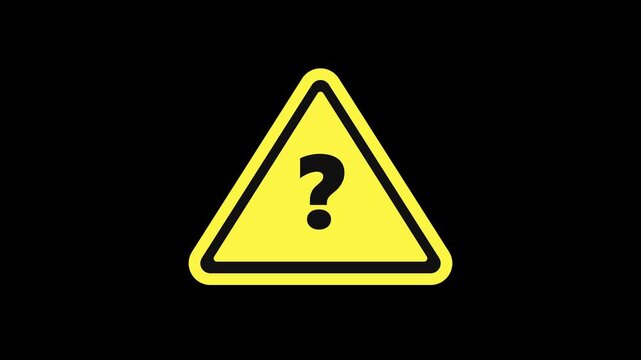 Yellow triangle warning signs with question marks isolated on black background, conceptual motion graphic for uncertainty and troubleshooting