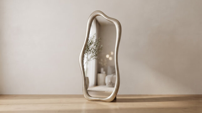 Organic asymmetrical silver standing floor mirror with reflective glass surface rests on natural light wooden floor inside bright airy minimalist bedroom showing soft shadows and blurred elegant inter