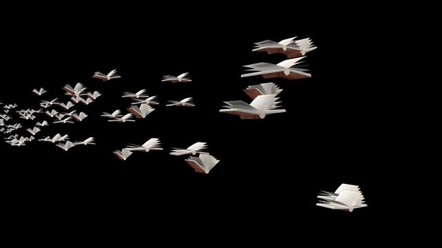 Flock of vintage books flying with flapping pages entering from the left distance